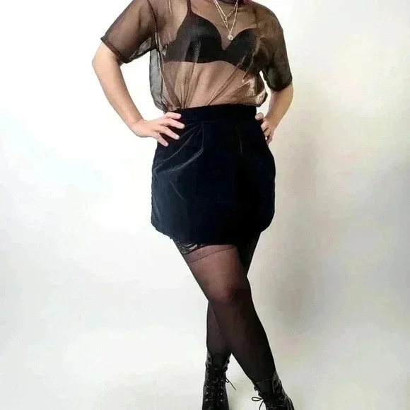 Vintage 90s Velour Velvet grungy Black Skirt - Picture 7 of 8